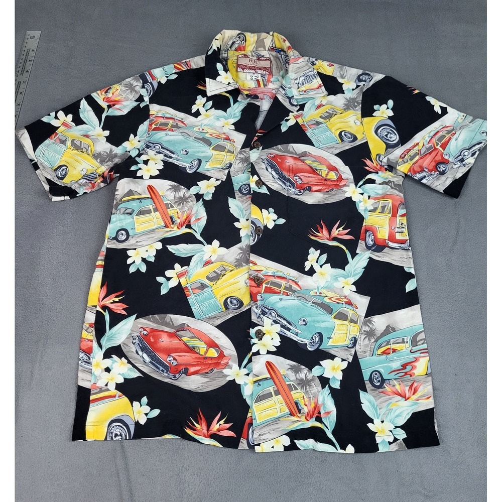 RJC Hawaiian Shirt Mens Small Black Lightweight AOP Classic Cars Surf Boards‎